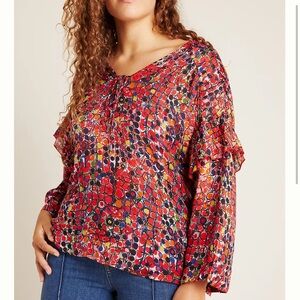 Anthropologie Red Multi-Color Printed Ruffle Long-Sleeve Blouse